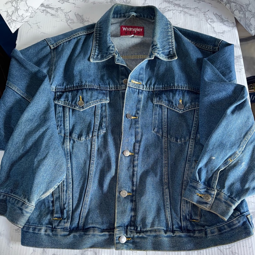 VTG Wrangler Hero Jacket Mens Size Large Blue Denim Chore Barn Work Trucker EUC